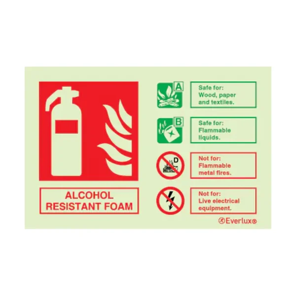 Alcohol Resistant Foam Fire Extinguisher Sign Photoluminescent – 100mm x 150mm